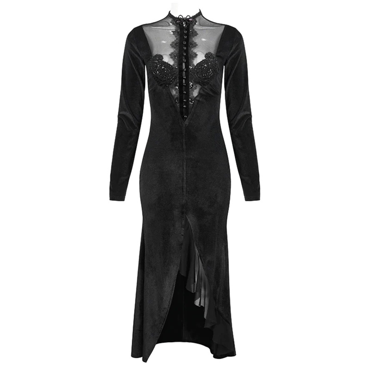 Robe Pour Femme DEVIL FASHION - Black Vintage Gothic Velvet Slit Long Sleeve Fishtail Party XL